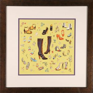 Contemporary Painting of a Variety of Shoes on a Yellow Background