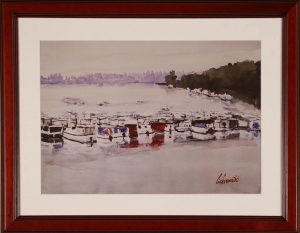 Contemporary Seascape with Boats and Trees