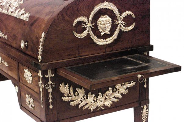 French Empire Style Mahogany Roll Top Desk with Bronze Gilt Trim
