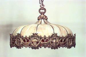 American Victorian Leaded Glass and Bronze Chandelier